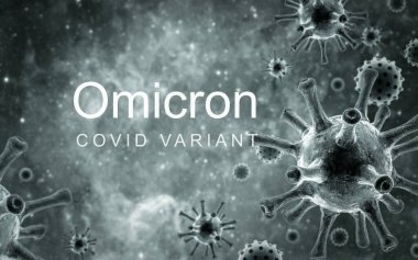 Omicron COVID-19 varyant posteri, 3D illüstrasyon. Hücrelerdeki mikroskobik koronavirüs görüntüsü. Bilim virolojisi, tehlike, aşı araştırması, korona virüsü mutasyonu ve COVID19 salgını haberleri.