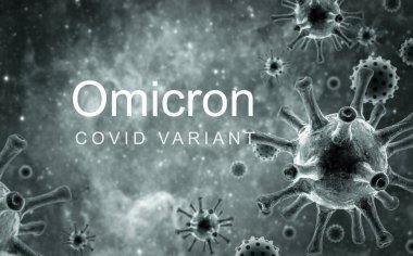 Omicron COVID-19 variant poster, 3d illustration. Microscopic view of coronavirus in cell. Concept of science virology, danger, vaccine research, corona virus mutation and COVID19 pandemic news. clipart