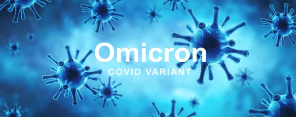 Cartel Variante Omicron Covid Pancarta Panorámica Con Gérmenes Del Coronavirus — Foto de Stock