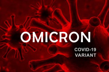 Omicron COVID-19 varyant posteri, koronavirüs mikrobu ve yazıtlı koyu pankart. Bilim virolojisi, tehlike, aşı araştırması, korona virüsü mutasyonu ve COVID19 süperböcek kavramı. 3d illüstrasyon