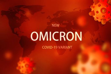 Omicron COVID-19 varyant posteri, 3D illüstrasyon. Kızıl Dünya haritası ve koronavirüs mikroplarının mikroskobik görüntüsü. Küresel ekonomik kriz kavramı, yeni korona virüsü mutasyonu ve gerginliği, tehlike ve sağlık.