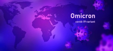 Omicron COVID-19 varyant pankartı, 3D illüstrasyon. Dünya haritasında Coronavirus mikroplarının mikroskobik görüntüsü. Küresel ekonomi krizi, tehlike, sağlık, yeni korona virüsü mutasyonu ve gerginliği kavramı