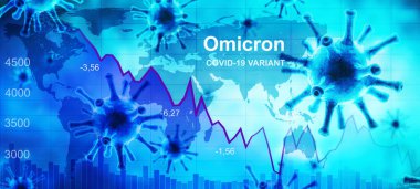 Omicron COVID-19 dünya ekonomisi, borsa ve küresel harita grafiği, Corona virüsünün iş hitleri. Yeni koronavirüs salgını nedeniyle kriz, durgunluk, kriz ve panik kavramı