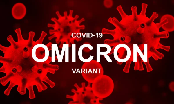 Omicron COVID-19 varyant posteri, 3D illüstrasyon. Hücredeki kırmızı koronavirüs mikroplarının mikroskobik görüntüsü. Bilim virolojisi, korona virüsü mutasyonu, tehlike, aşı araştırması ve COVID19 süperböcek kavramı.