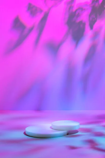 Círculo podio blanco sobre fondo de neón pastel con sombras —  Fotos de Stock