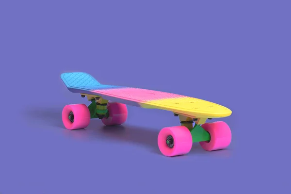 Arco-íris plástico Penny placa skate isolado no fundo roxo — Fotografia de Stock