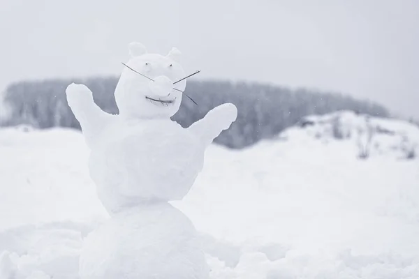 The figure of funny snowman animal in snowy field — Zdjęcie stockowe