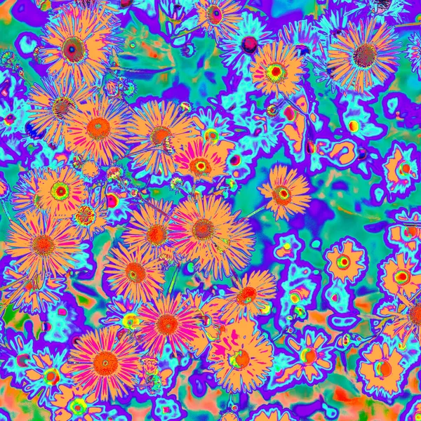 Jasné psychedelické barevné oranžové letní květiny vzor pozadí — Stock fotografie