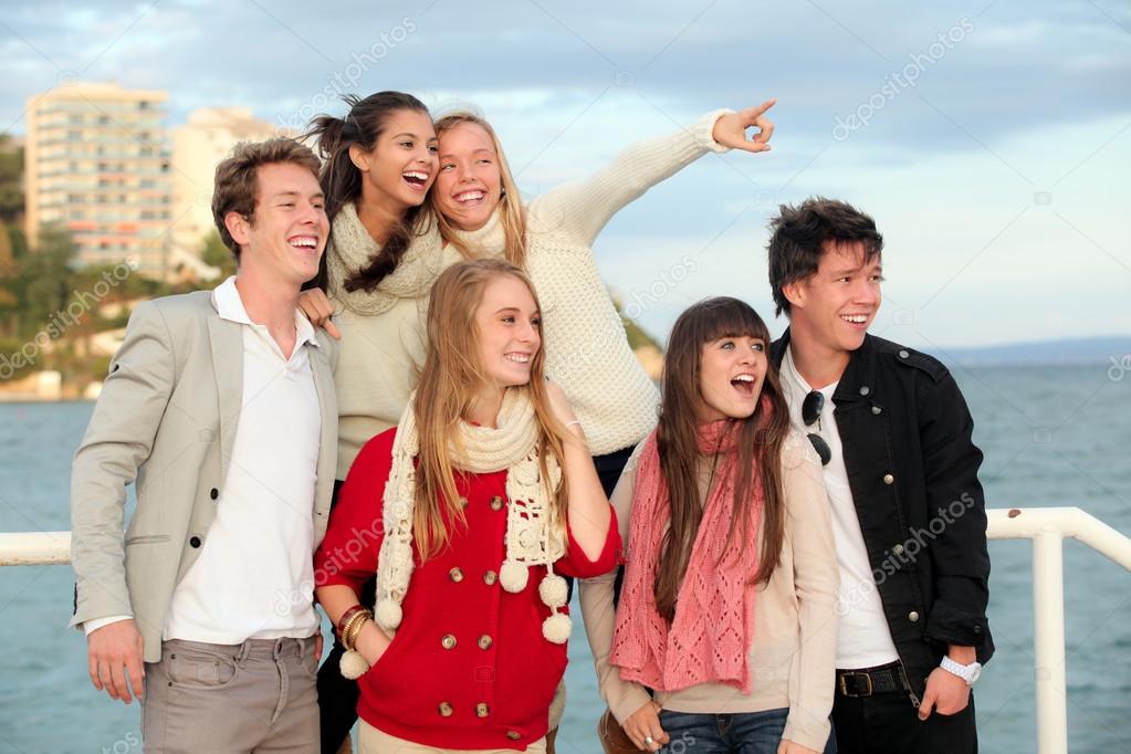 Group happy surprised teens