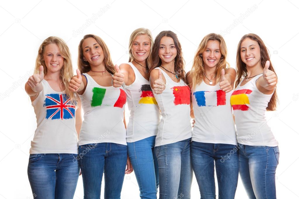 international teens with flags on t shirts