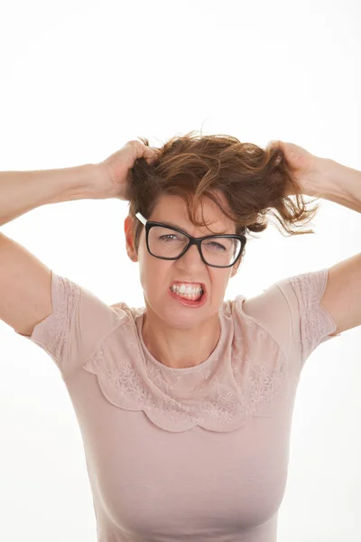 Mujer frustrada manos a la cabeza —  Fotos de Stock