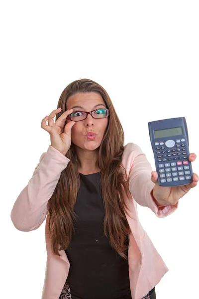 Mulher com calculadora fazendo finanças — Fotografia de Stock