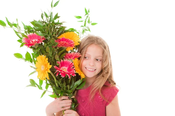 Bambino felice con boquet di fiori per la festa della mamma — Foto Stock