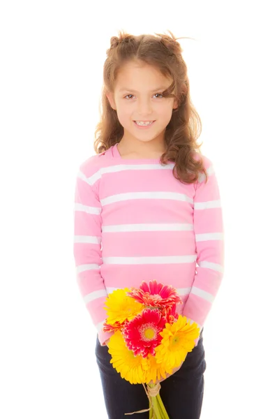 Cute kid with bunch of flowers — Stock Photo, Image