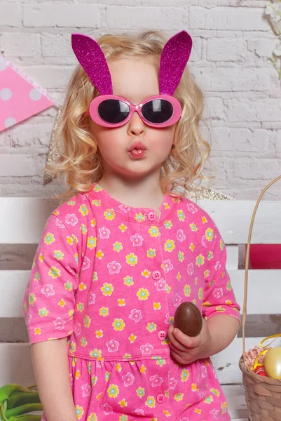 Easter Girl Bunny Ears Chocolate Egg — Stock Photo, Image