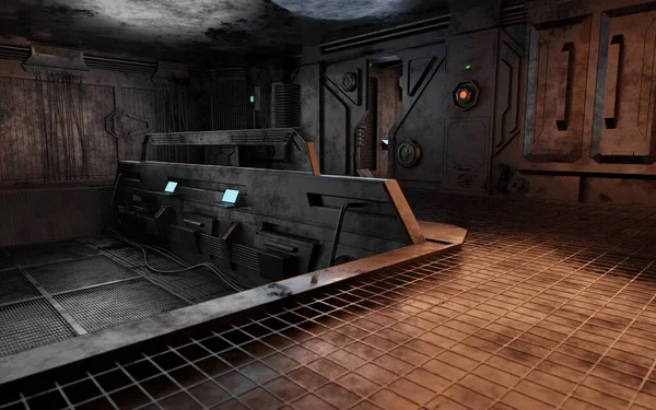 暗いシーンで放棄された研究室をサイドビュー3Dレンダリング Sci Fiインテリア壁紙背景 — ストック写真