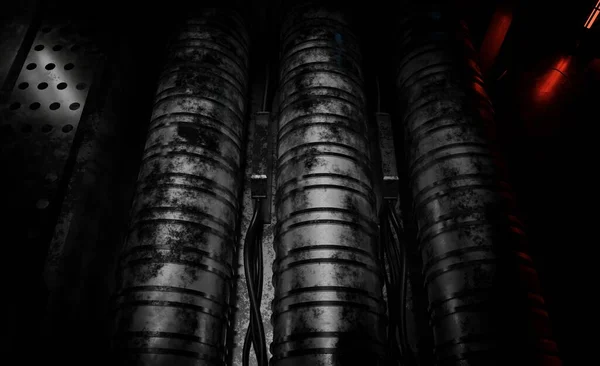 Steel Kapalné Potrubí Řídící Místnost Tmavé Scéně Vykreslování Průmyslové Tapety — Stock fotografie