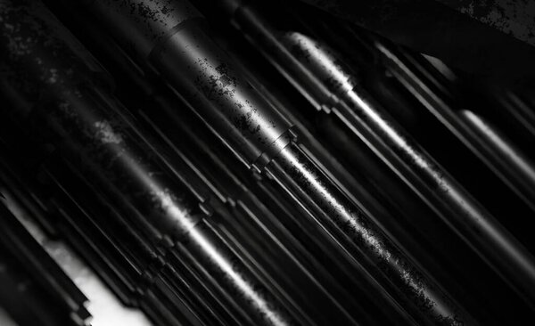 Закрыть линию стальных труб ржавый ряд со сценой освещения 3D рендеринга промышленных обоев