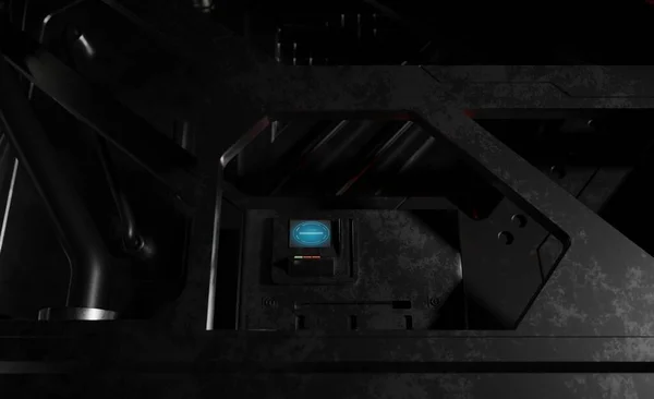 暗いシーンでモニター画面制御室を閉じます3DレンダリングSfインテリア壁紙の背景 — ストック写真