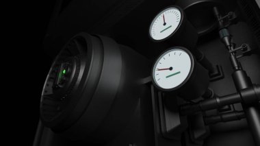 Metal motor kapsülünü basınç göstergesi ile kapatın. 3D endüstriyel duvar kağıdı arka planlarını oluşturun.