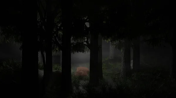 Bosque Nocturno Niebla Escena Naturaleza Renderizado Fondos Pantalla — Foto de Stock