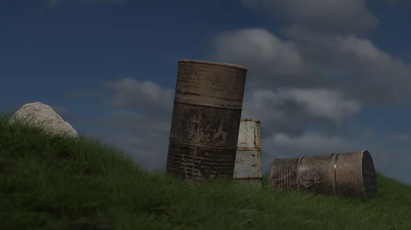 Old Rusty Oil Tank Green Grass Dusk Scene Rendering Waste — Φωτογραφία Αρχείου