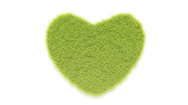 3D yeşil çim kalbi beyaz bir sahne duvar kağıdı arka planında şekillendirir