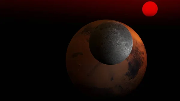 Luna Con Marte Planeta Sol Escena Naturaleza Espacio Exterior Renderizado — Foto de Stock