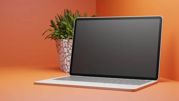 3d render sideview laptop on an orange color scene business concept wallpaper backgrounds
