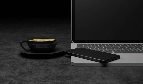 Καθιστούν Κοντά Smartphone Φορητό Υπολογιστή Και Καφέ Μαύρο Κύπελλο Στη — Φωτογραφία Αρχείου