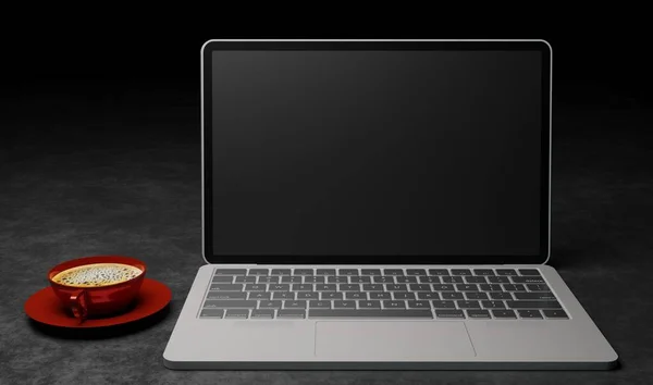 3D渲染前景红杯咖啡热饮与笔记本电脑在金属钢纹理商业概念墙纸背景 — 图库照片