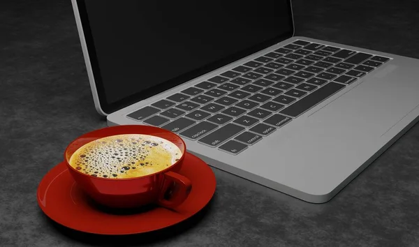 3d render sideview red cup and laptop on metal steel texture business concept wallpaper backgrounds