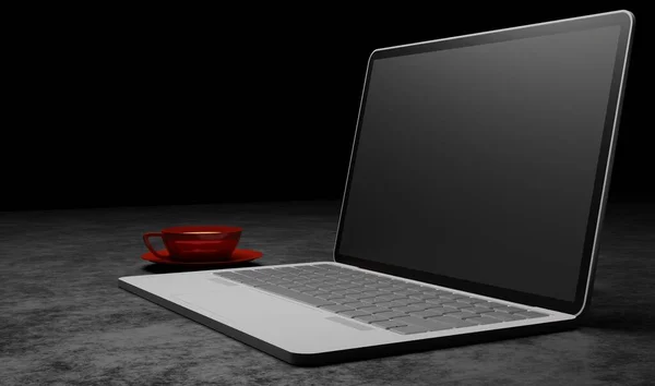 Рендеринг Ноутбук Чашкой Кофе Темной Сцене Бизнес Концепции Обои Фон — стоковое фото