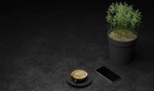 Render Smartphone Cup Coffee Dark Scene Wallpaper Backgrounds — Stock Photo, Image