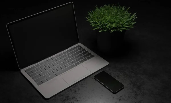 Render Smartphone Met Laptop Het Bureau Decoratieve Plant Donkere Scène — Stockfoto