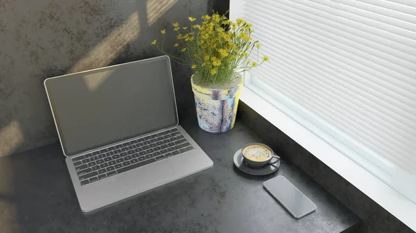 Shot Van Plaats Van Het Werk Laptop Bureau Rendering Interieur — Stockfoto