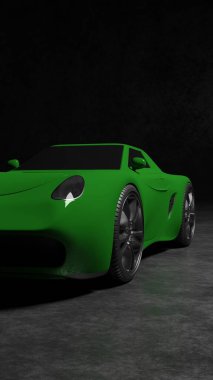 Green sport car coupe on a black scene 3D rendering vehicle wallpaper backgrounds