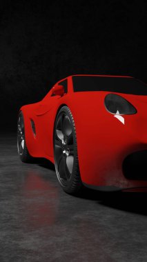 Glossy red sport car coupe concept model in a black scene 3D rendering vehicle wallpaper backgrounds