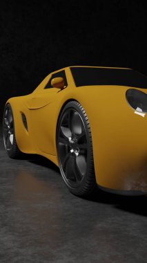Close up yellow sport coupe in a black scene 3D rendering vehicle wallpaper backgrounds