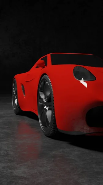 Glossy Red Sport Car Coupe Concept Model Black Scene Rendering — Photo