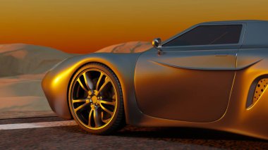 Yan görünümü kapat. Metalik spor araba. Alacakaranlık sahnesi 3D.