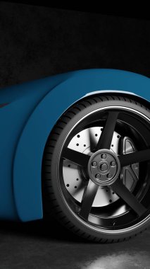 Close up sport rims and tire blue color sport car concept model in dark scene 3D rendering wallpaper backgrounds
