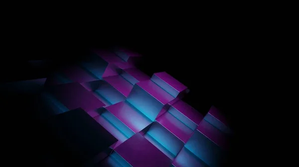 黑色场景上带有蓝色形状的紫色3D渲染抽象墙纸背景 — 图库照片