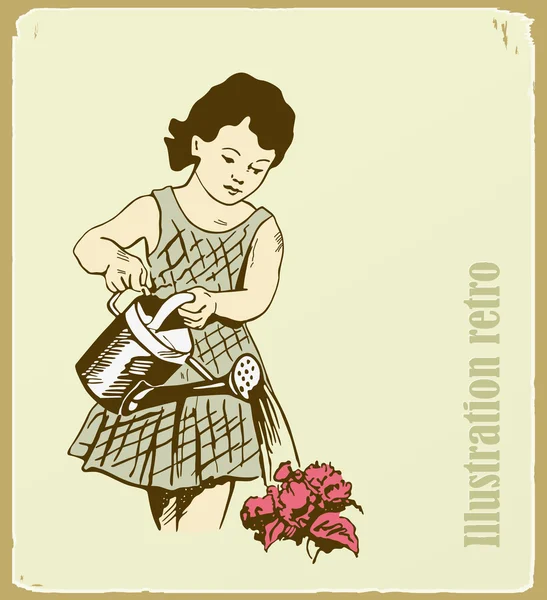 Retro o o ilustrație, fata are grijă de flori — Vector de stoc