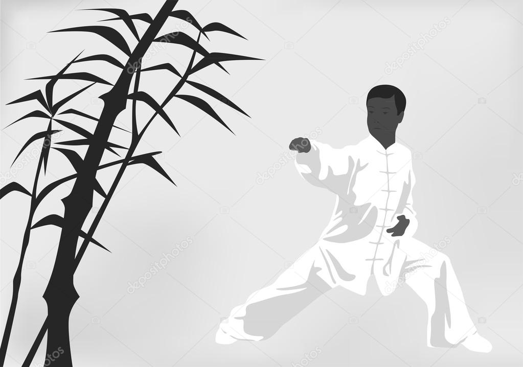 The man engaged kung fu on a black white background