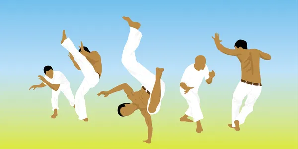 Illüstrasyon, beş adamlar kum üzerinde meşgul capoeira — Stok Vektör