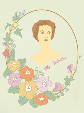 Retro bir kart, bir çerçeve çiçekli kız