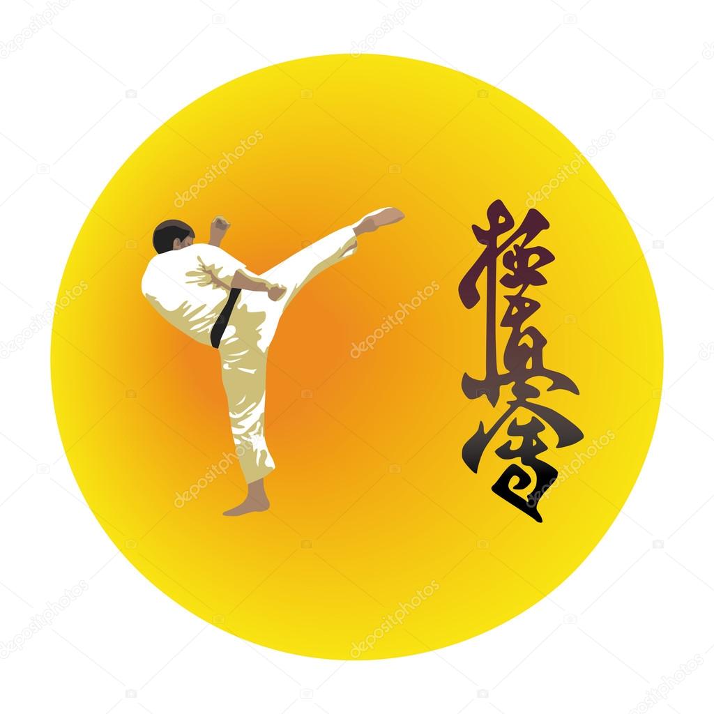 The illustration, the man shows karate on a bright background