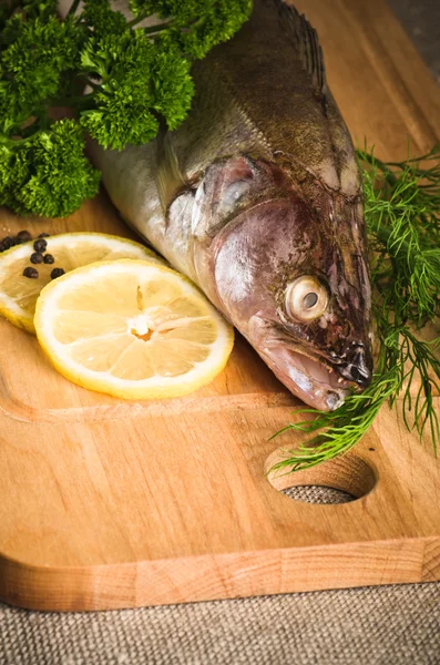 Pike perch on a wooden kitchen board, it is isolated on white — Stock Photo, Image