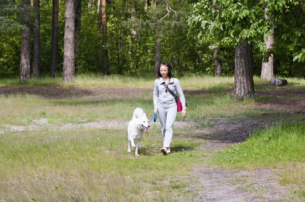 年轻女子走在公园与一条狗 — 图库照片